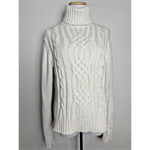Tommy Hilfiger Ivory Cable Knit Sweater Sz L Chunky Gold Fleck Preppy Turtleneck